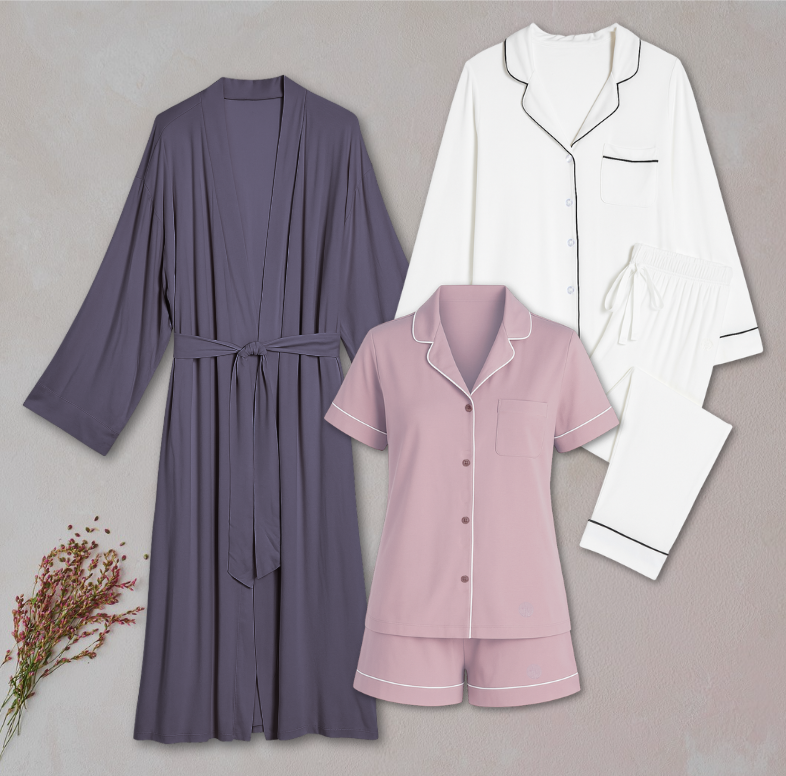 Select two of our classic style button up bamboo pajama sets and get a free everyday robe