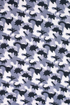 Earthly Threads kids' bamboo pajamas featuring a fun camo dinosaur print in gray, black, and white.