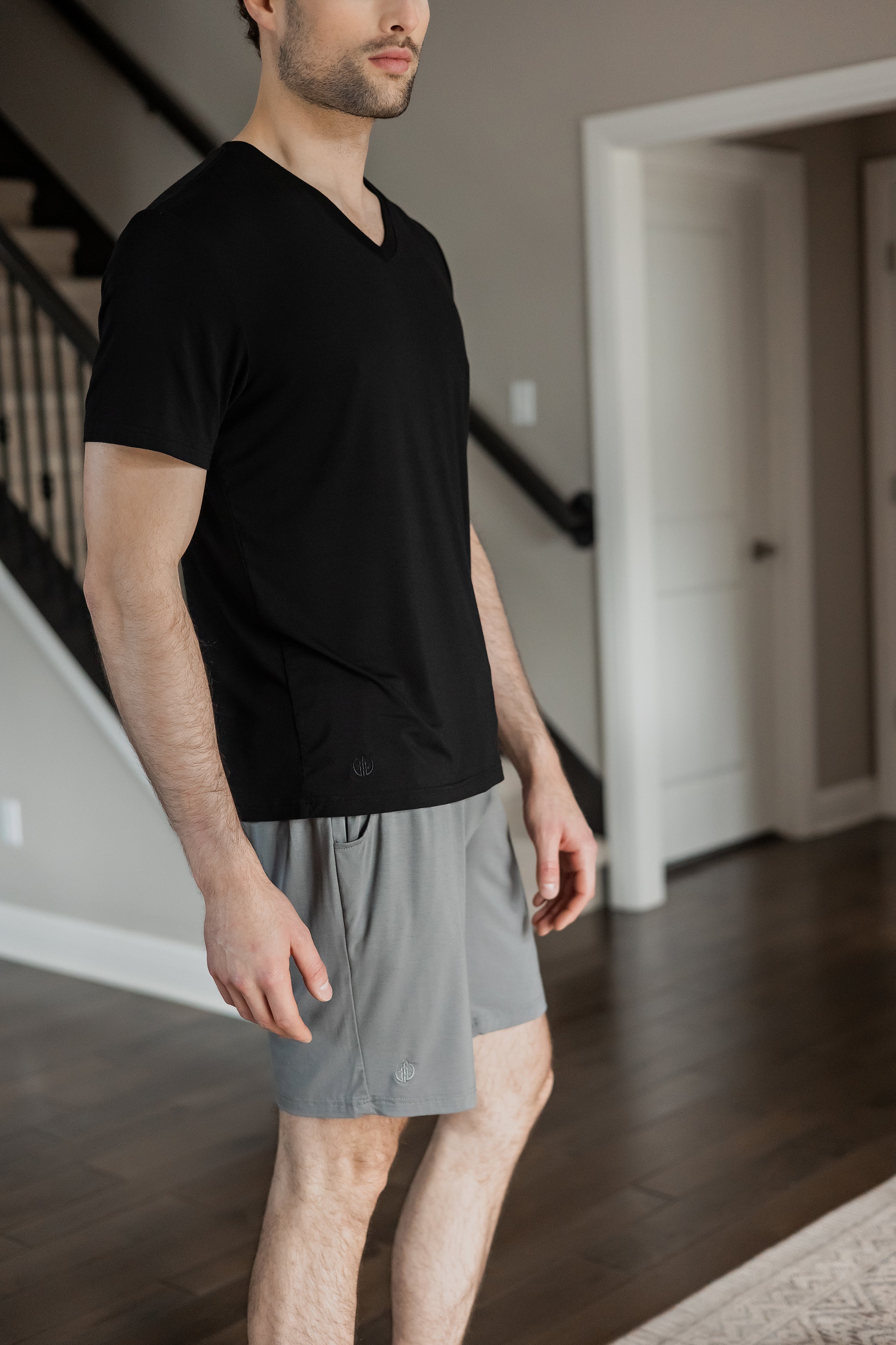 A close-up of the fabric texture, highlighting the breathable and temperature-regulating properties of this bamboo V-neck tee.