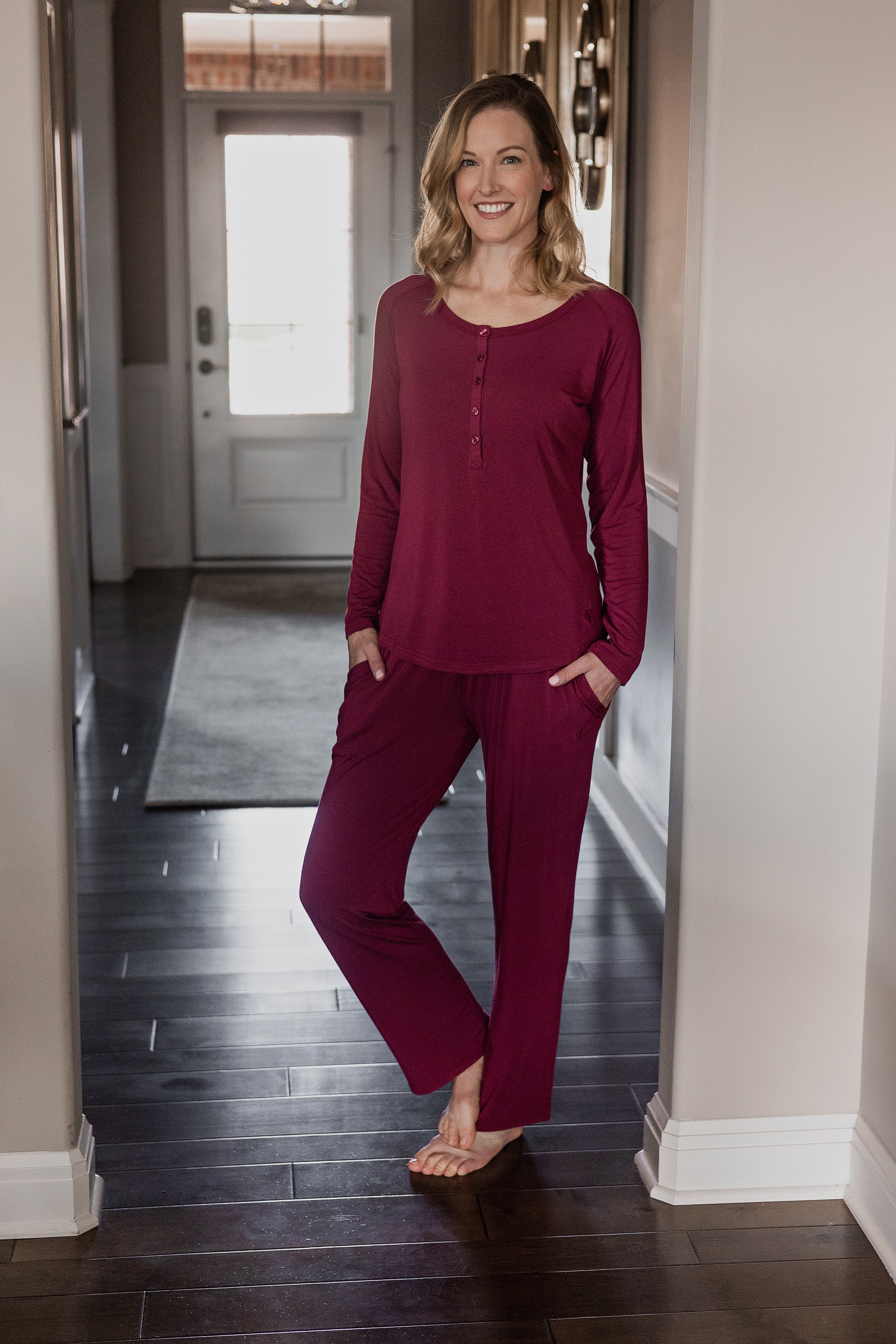 Drawstring waist pajama pants with side pockets for extra convenience.