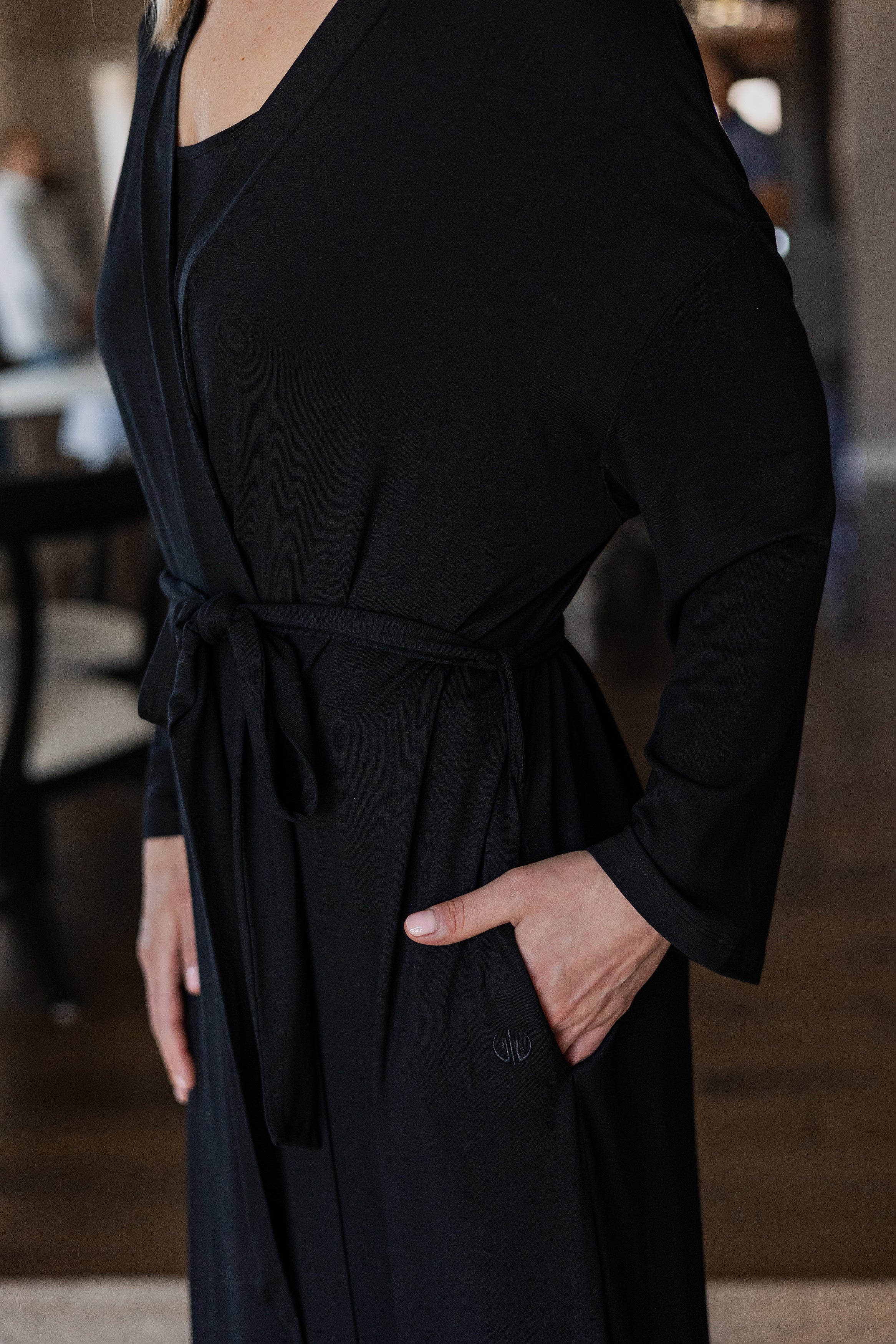 Earthly Threads long sleeve bamboo robe, crafted from eco-friendly fabric that is moisture-wicking, breathable, and incredibly soft.