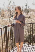 Soft and breathable bamboo long sleeve robe with a relaxed fit and adjustable tie waist for personalized comfort.