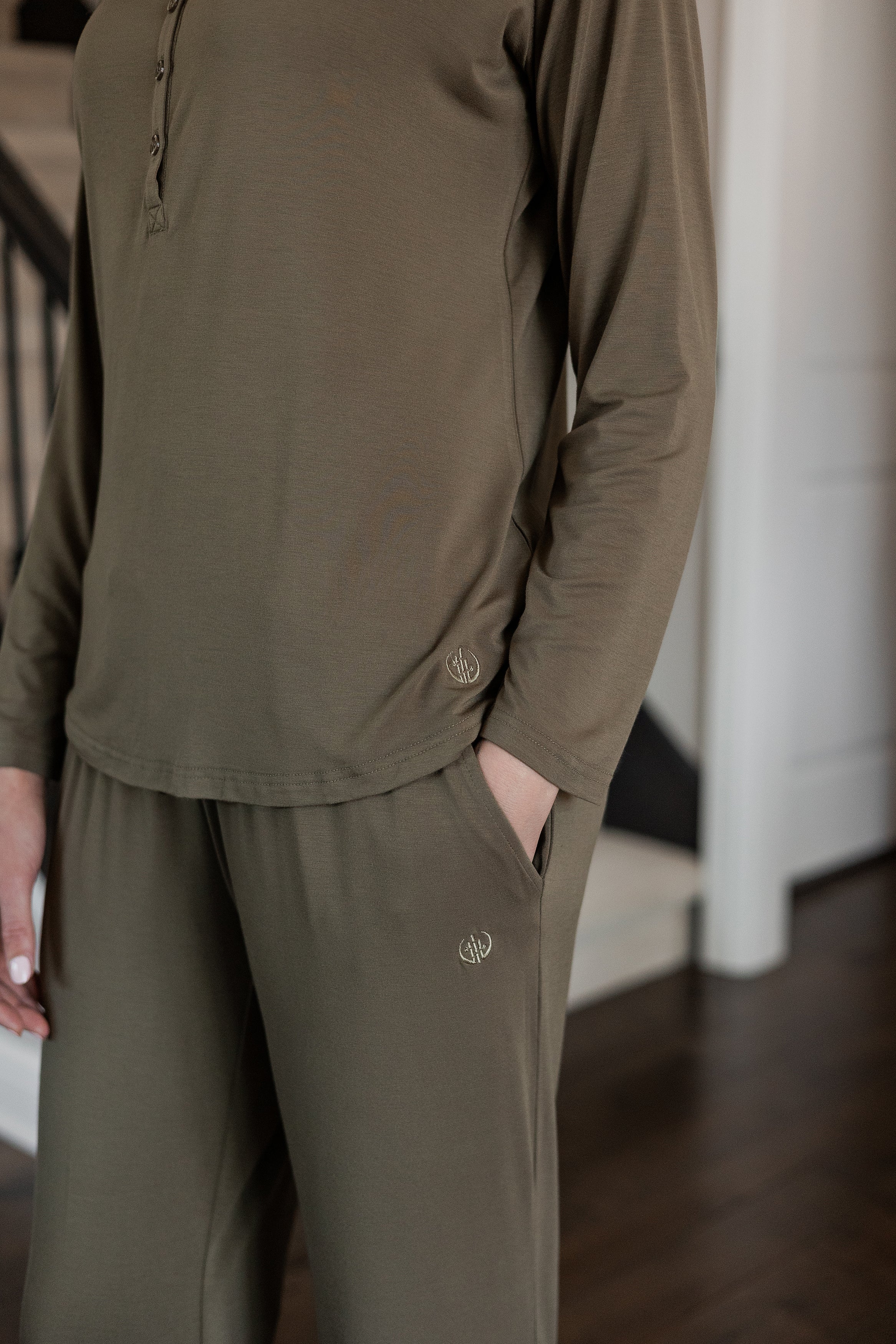 Close-up of the soft bamboo pajama fabric, highlighting its temperature-regulating and hypoallergenic properties for ultimate relaxation.