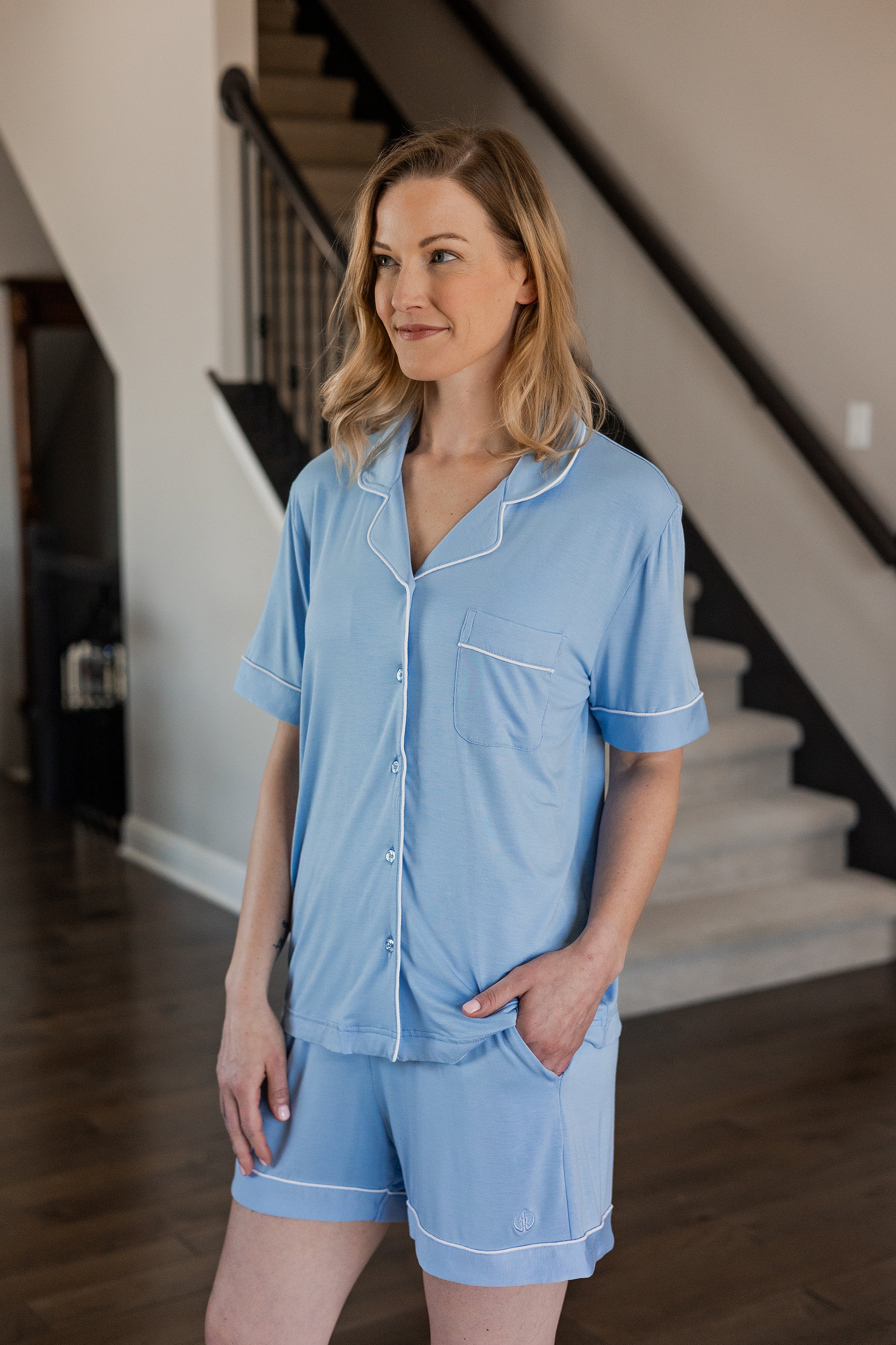 Classic button-down bamboo pajama set designed for comfort, breathability, and timeless style.