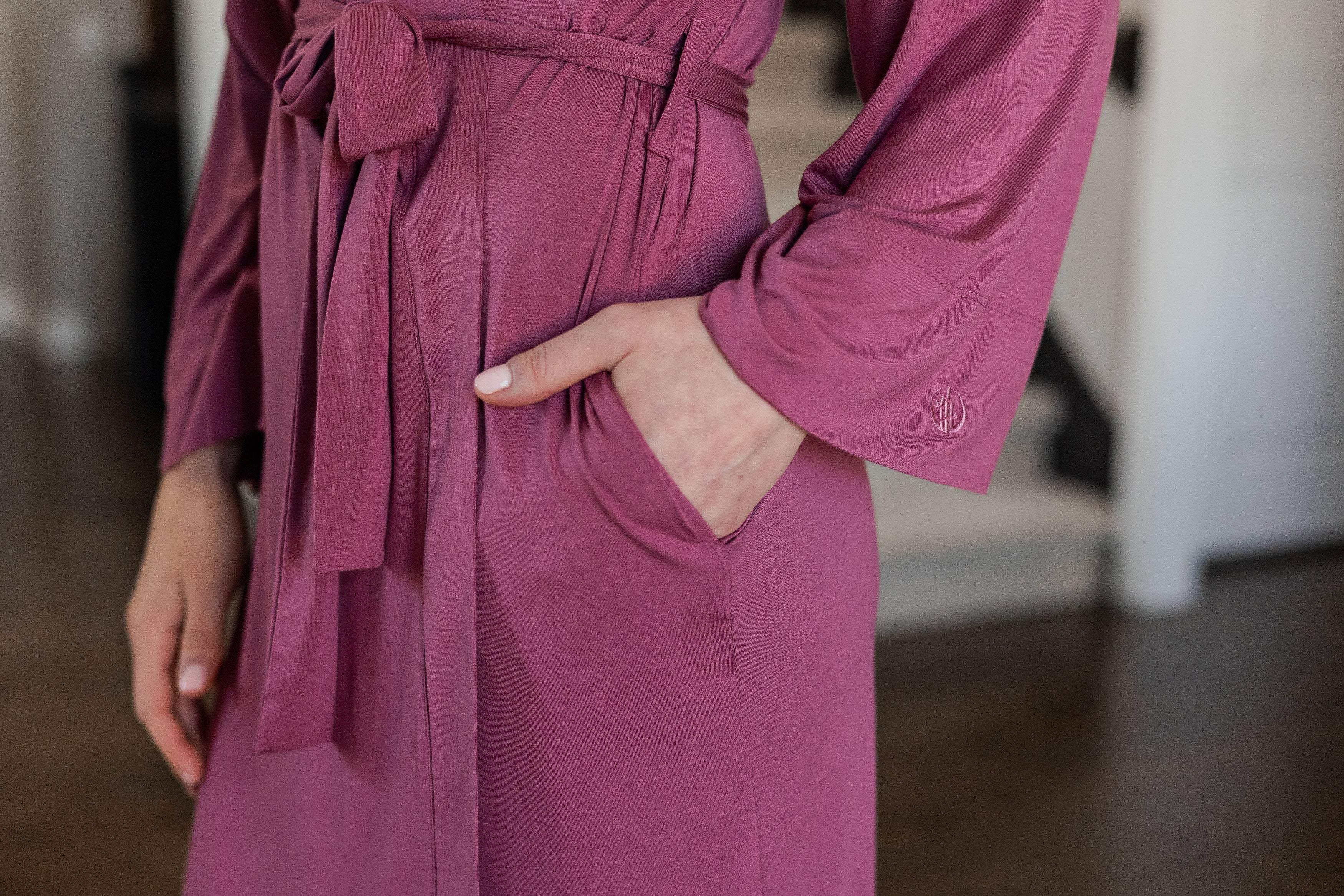 Earthly Threads signature sustainable bamboo robe for post-shower or sleepwear comfort.