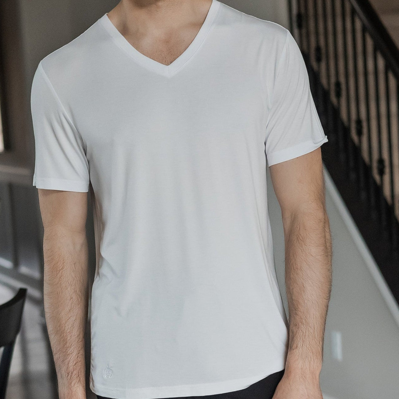 Classic and comfortable white, short sleeve bamboo V-neck tee, crafted from ultra-soft bamboo fabric for effortless everyday wear.