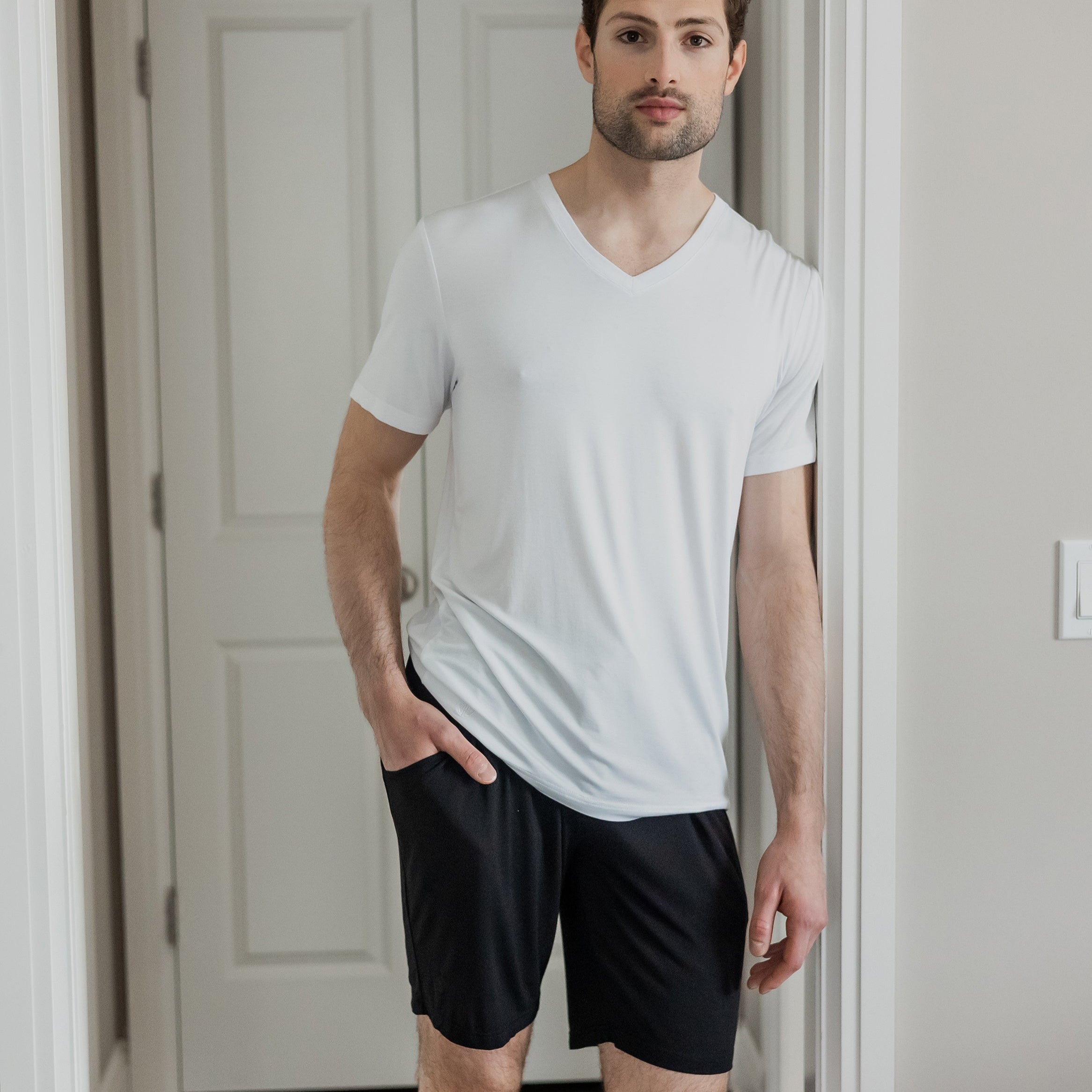 Earthly Threads essential bamboo short sleeve tee featuring a sleek V-neckline and lightweight, moisture-wicking fabric paired with our shorts is the essential casual luxury combo.