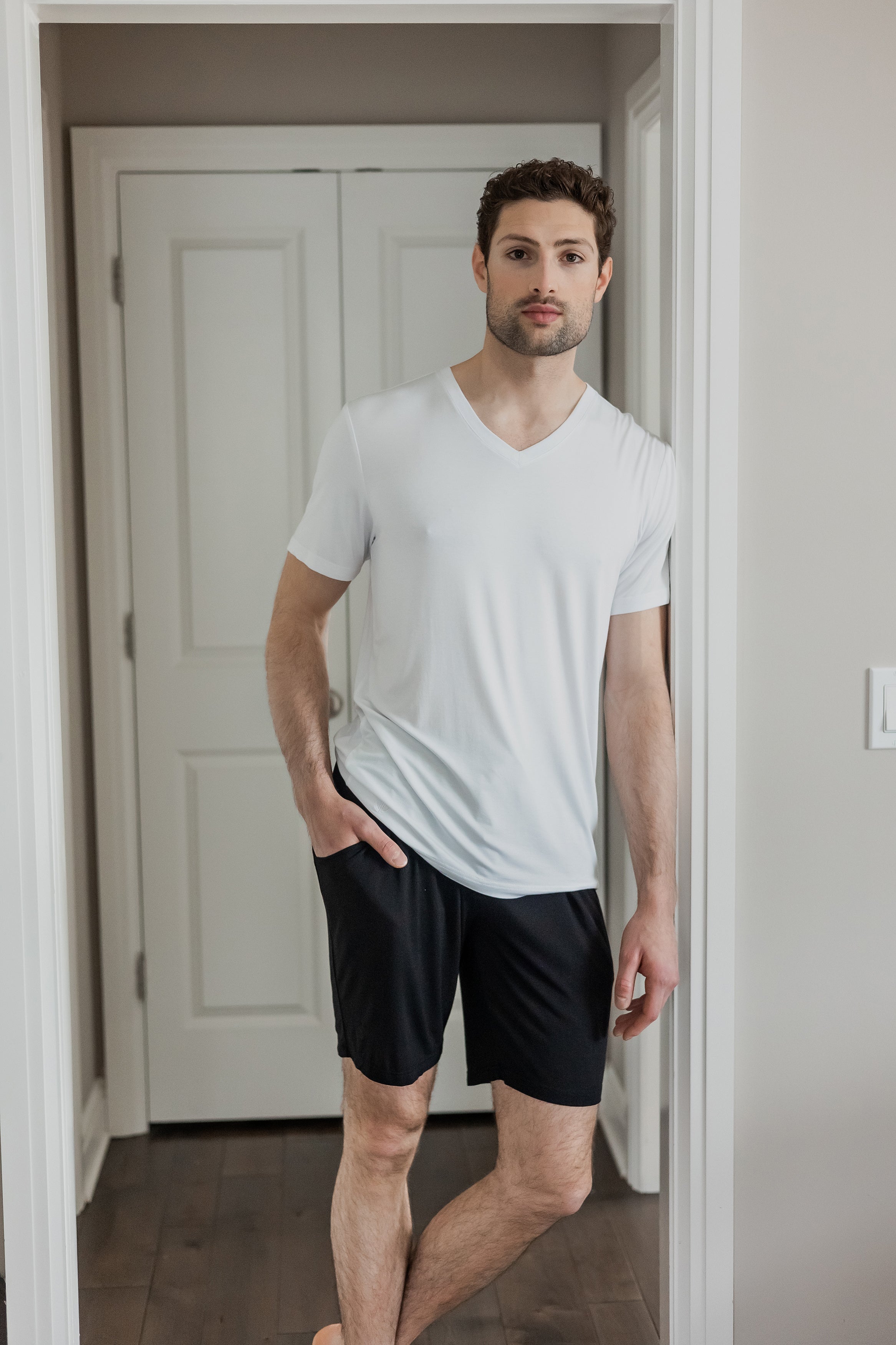 Earthly Threads essential bamboo short sleeve tee featuring a sleek V-neckline and lightweight, moisture-wicking fabric.