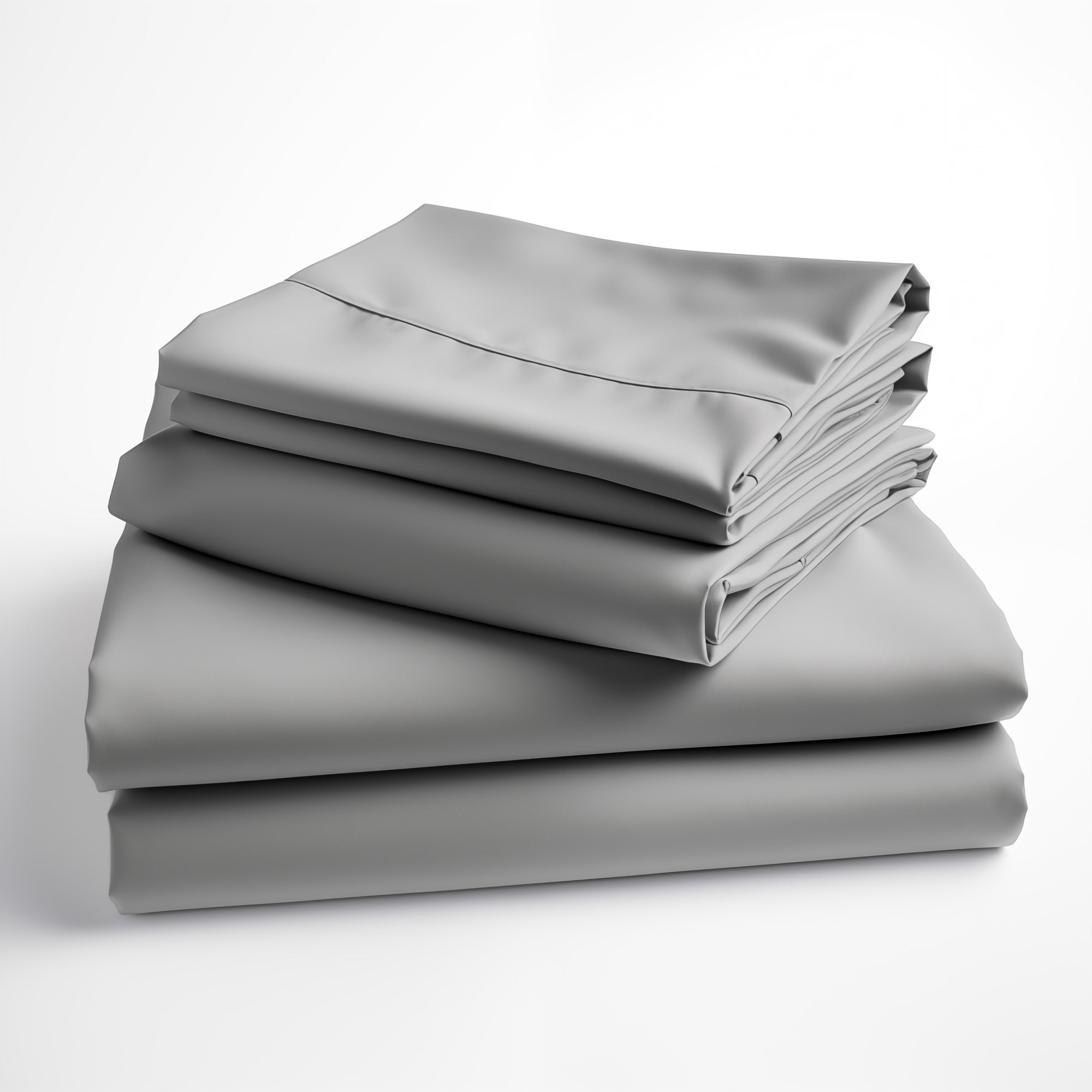 Stack of folded gray bamboo sheets made by Earthly Threads, providing hypoallergenic and antibacterial properties.