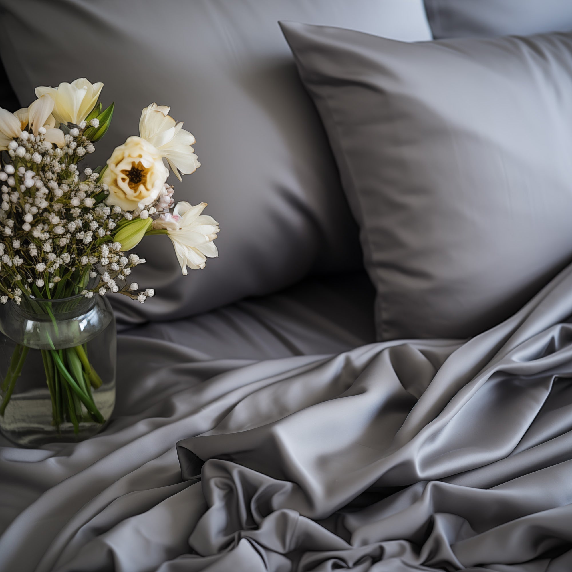 Silky-soft gray bamboo sheets neatly spread across a bed, offering a luxurious and breathable sleep experience.