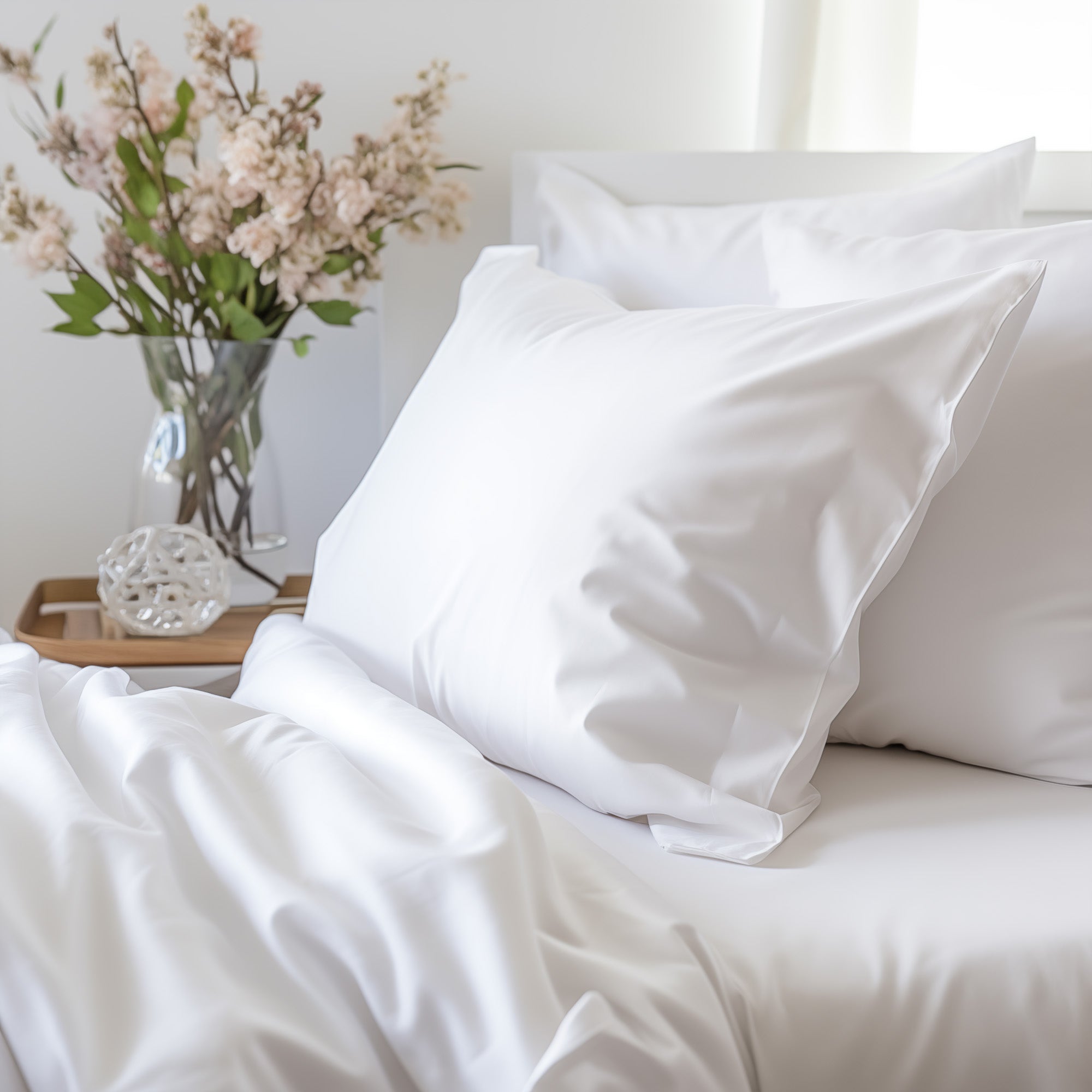 Earthly Threads white bamboo sheets draped over a mattress, showcasing their smooth, silky texture.