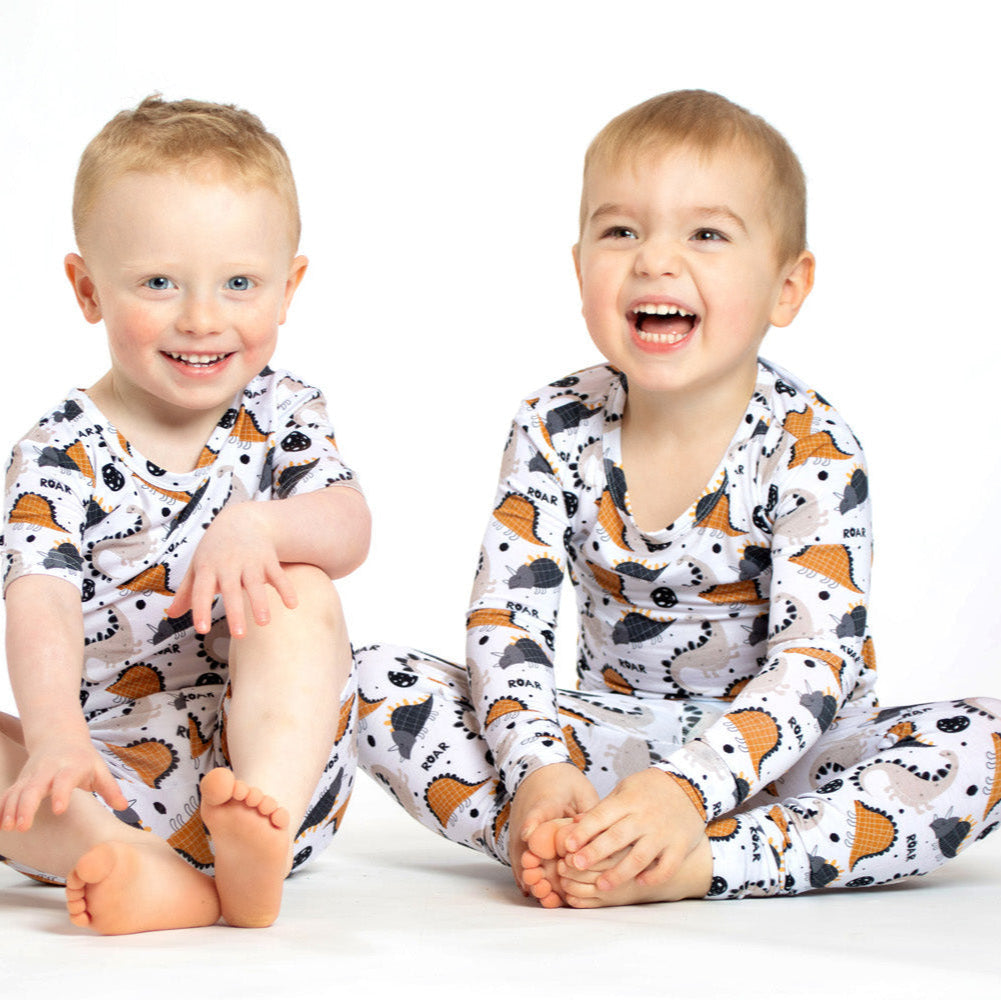 Earthly Threads short sleeve bamboo pajamas with a fun dinosaur and "ROAR" print.