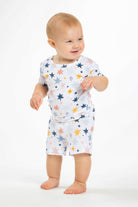 Earthly Threads kids short sleeve pajamas with a twinkling star and galaxy print, crafted with incredibly soft and soothing bamboo fabric.