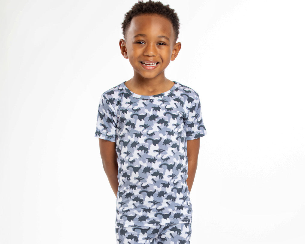 Earthly Threads camo dinosaur bamboo pajamas with a soft, breathable fabric, perfect for sensitive skin.
