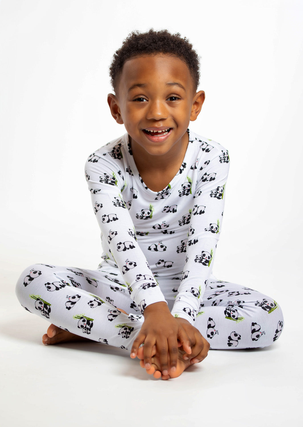Earthly Threads long sleeve bamboo pajama set with a cute panda and bamboo print.