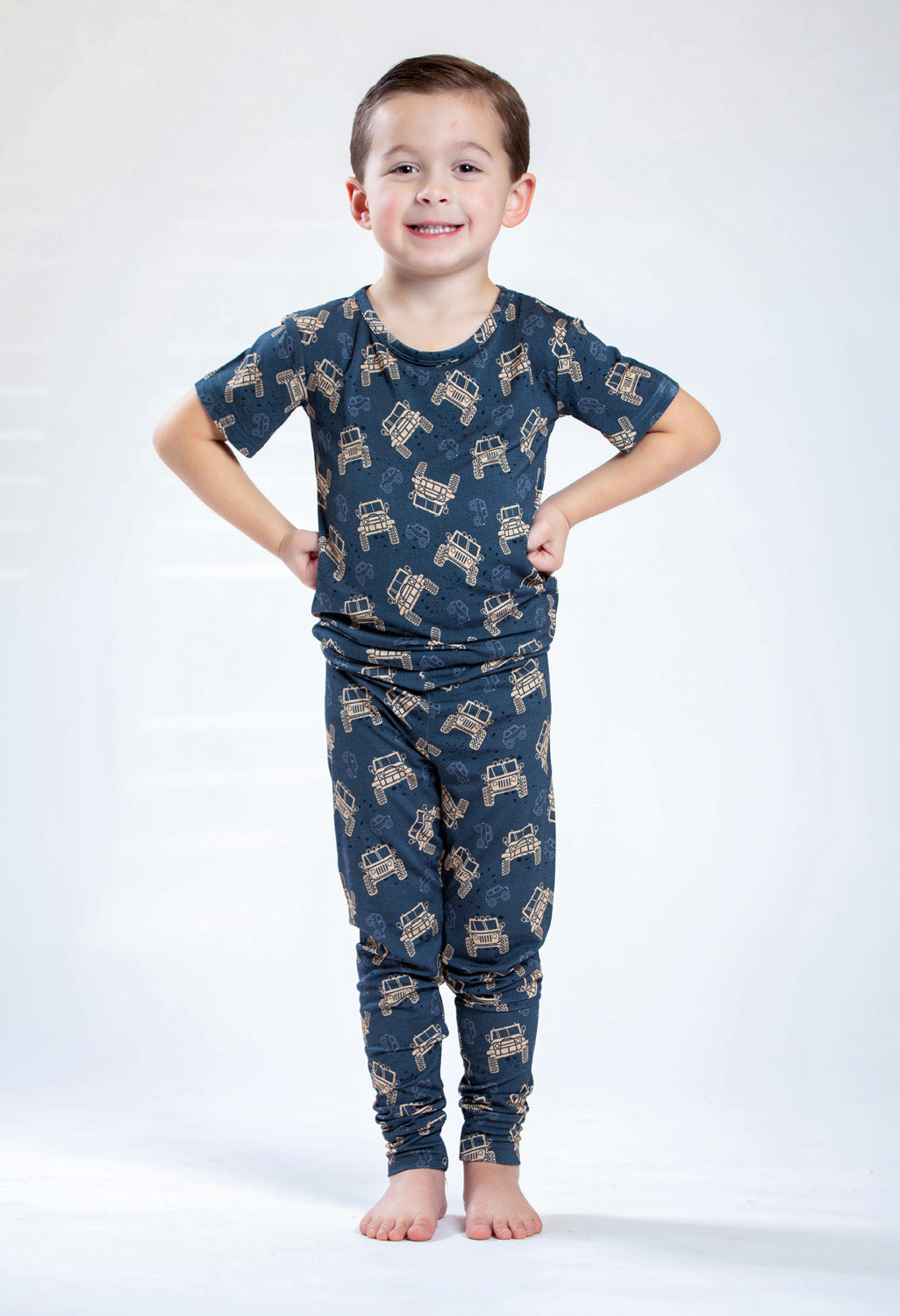 Off road vehicle bamboo pajamas with moisture-wicking and temperature-regulating fabric.