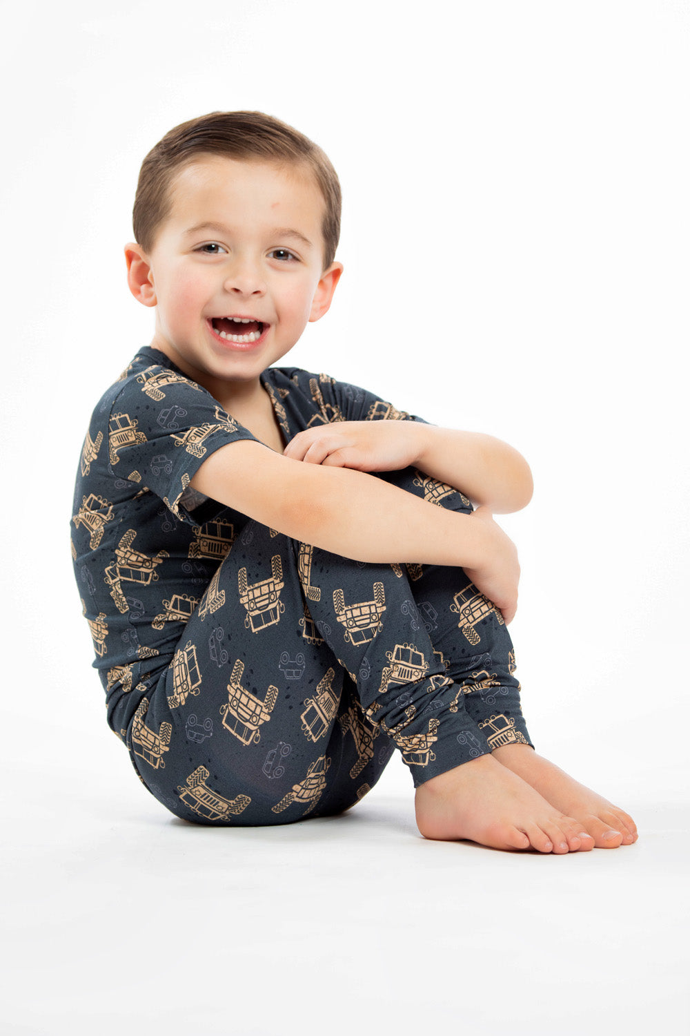 Soft, breathable bamboo pajamas featuring a fun off-roading truck pattern.