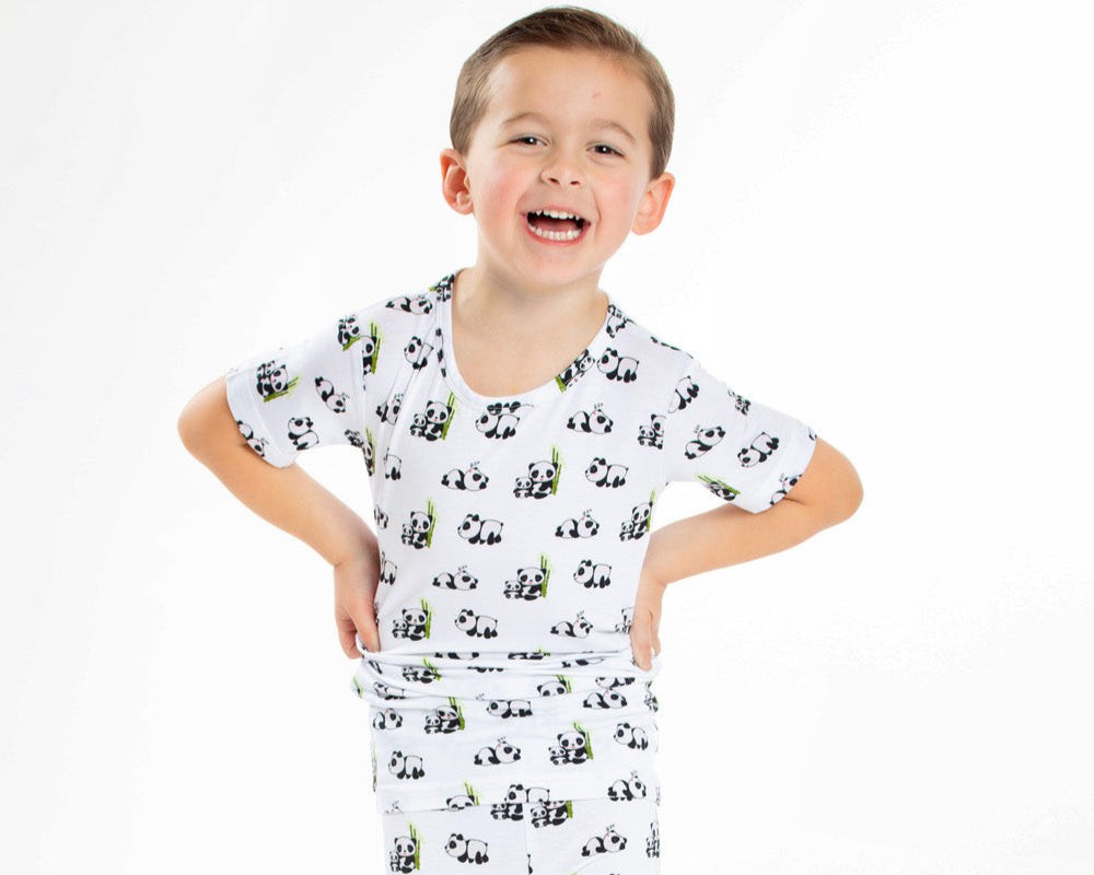 Earthly Threads bamboo panda pajamas short sleeve set for kids, perfect for all-year comfort.