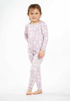Earthly Threads Full of Heart bamboo pajama set with pink and white hearts and soft "Love" lettering.