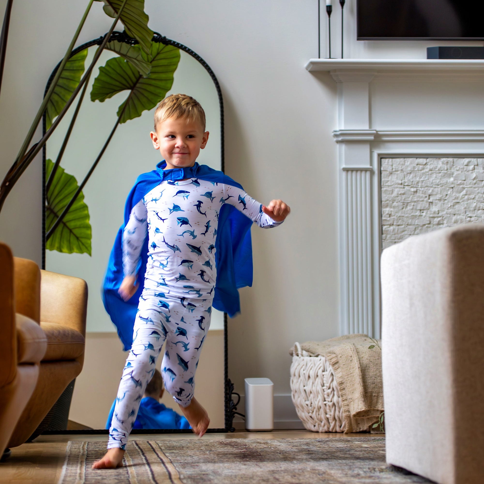 Shark print pajama set from Earthly Threads. Buttery soft, breathable, and perfect for all-night comfort.