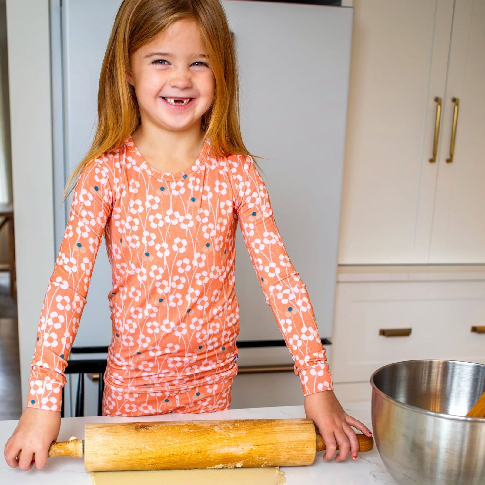 Earthly Threads orange blossom bamboo pajamas, available in long or short sleeves with pants, offering buttery softness and a perfect fit.