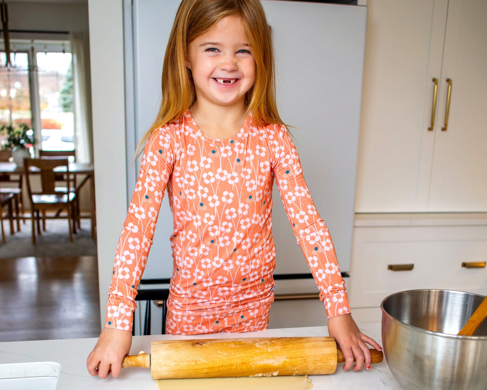Earthly Threads orange blossom bamboo pajamas, available in long or short sleeves with pants, offering buttery softness and a perfect fit.