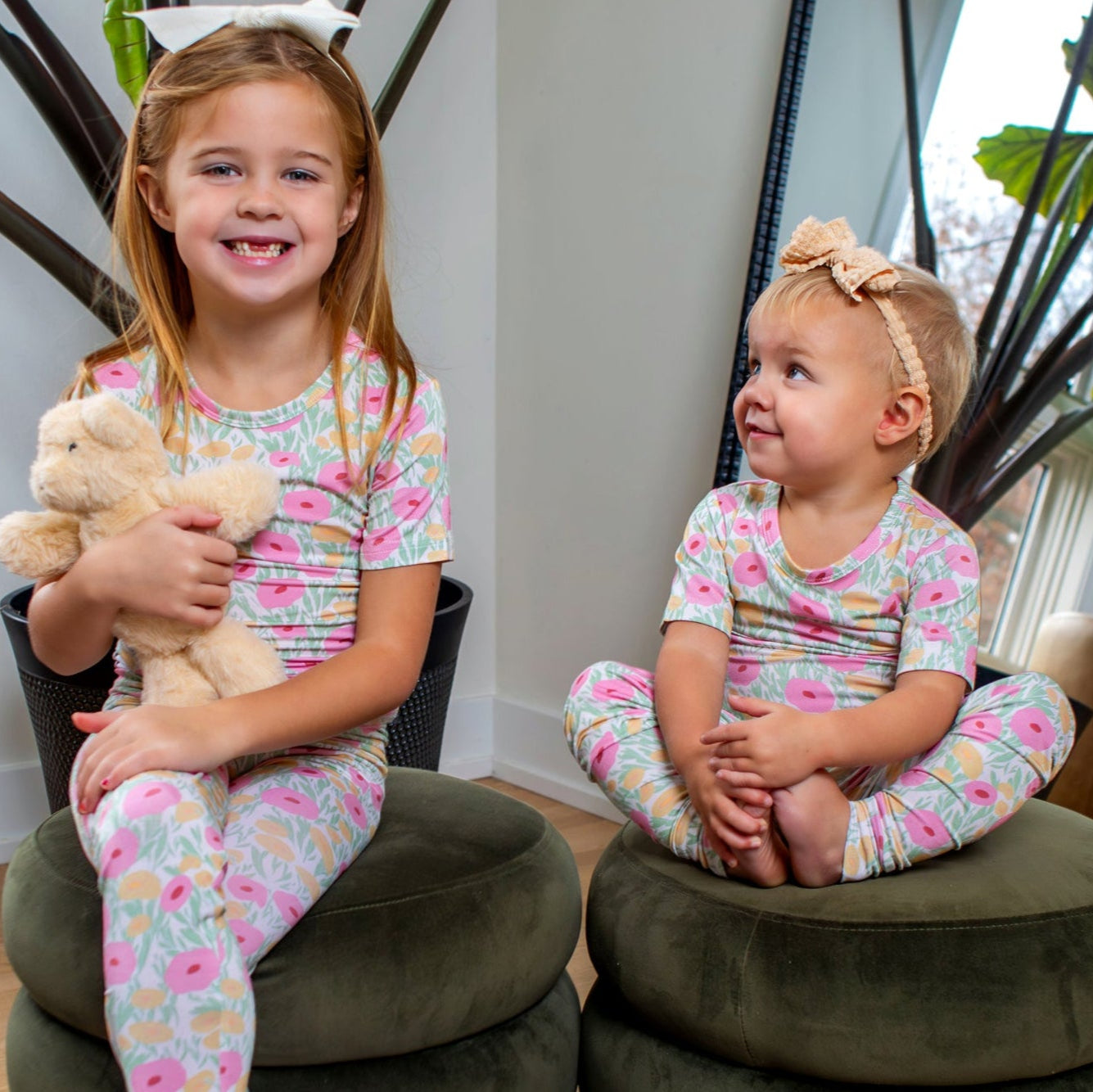 Earthly Threads floral pajama set in soft pink and gold, available in short or long sleeves with pants.