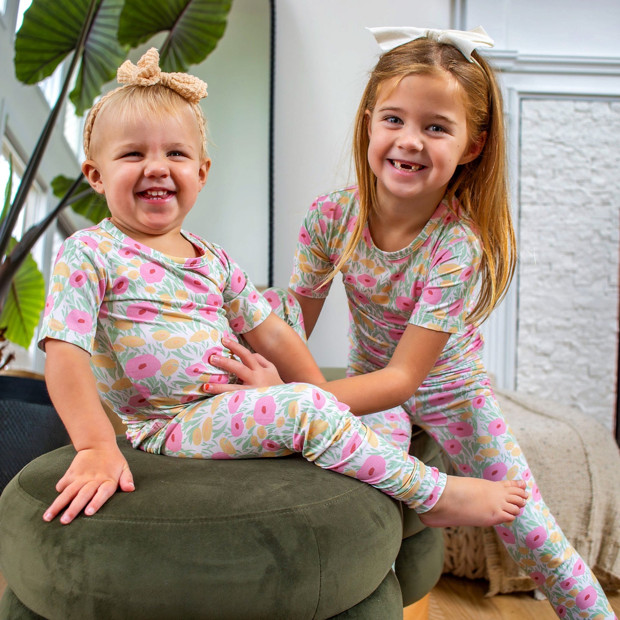 Soft and cozy floral pajamas set in short or long sleeves, made from organic bamboo. Pink floral kids in sizes 2T-10T, ultra-soft and lightweight for dreamy sleep.
