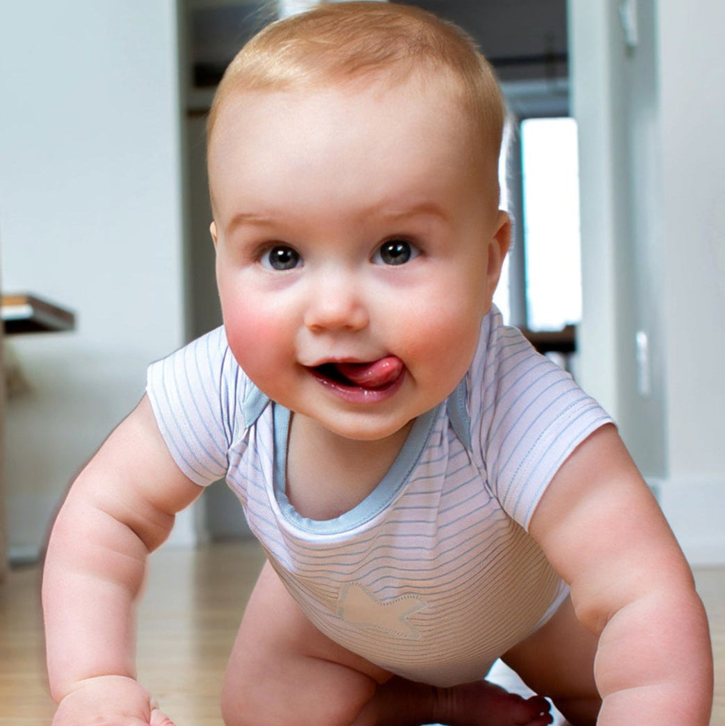 Earthly Threads essential bodysuit or onesie for baby with sky blue and white stripes with cloud or star detail, perfect for hot summer nights or layering for comfort.