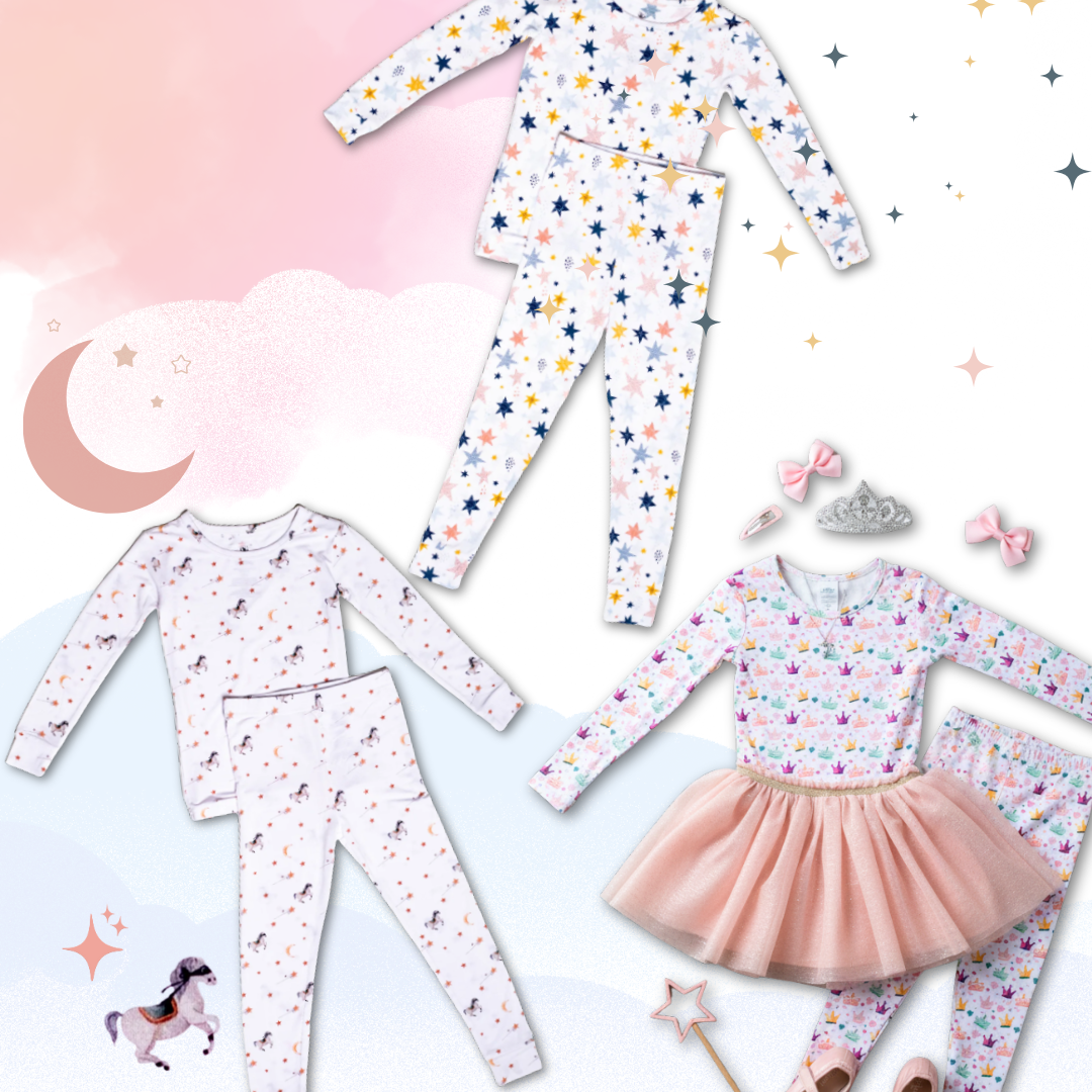 Make bedtime extra magical with our Earthly Threads Girls Sparkle & Twirl Bamboo Pajama Bundle – Buy Two, Get One Free. Let your little dreamer mix and match her favorites from our Crowns & Hearts, Pony Up, or Starlit pajama sets, each filled with fun, bright designs that encourage imagination and big, beautiful dreams. Made from our irresistibly soft 100% organic bamboo, these pajamas feel cool, smooth, and gentle on delicate skin, helping keep little ones comfortable and protected all night long.