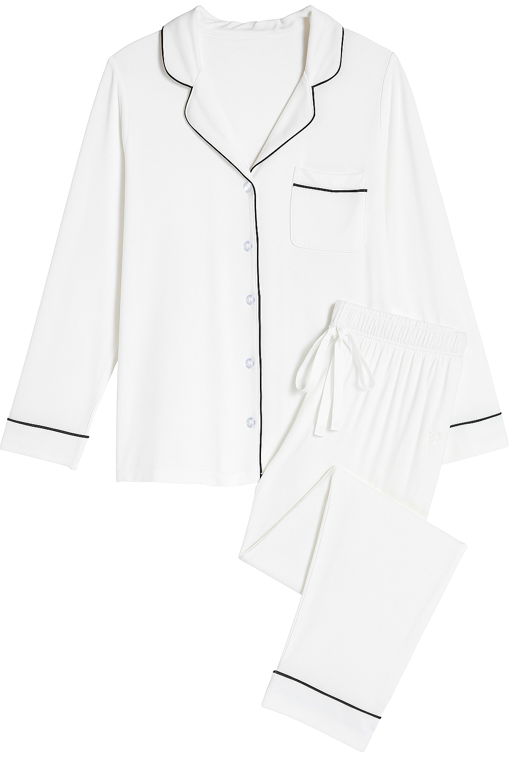 Earthly Threads bamboo pajama set featuring a button-down long-sleeve top with elegant contrast piping and tapered pants with pockets for effortless comfort. Available in basic, trendy colors like true black, true navy, and bright white.