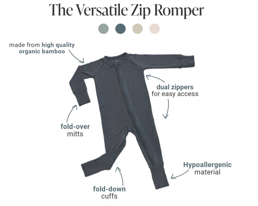 Earthly Threads Versatile Zip long sleeve bamboo baby romper is an essential! Dual zippers make changing a breeze, tagless, super soft fabric is gentle on sensitive skin. Fold-over mitts and cuffs keep baby comfortable in all seasons.