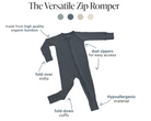 Earthly Threads Versatile Zip long sleeve bamboo baby romper is an essential! Dual zippers make changing a breeze, tagless, super soft fabric is gentle on sensitive skin. Fold-over mitts and cuffs keep baby comfortable in all seasons.