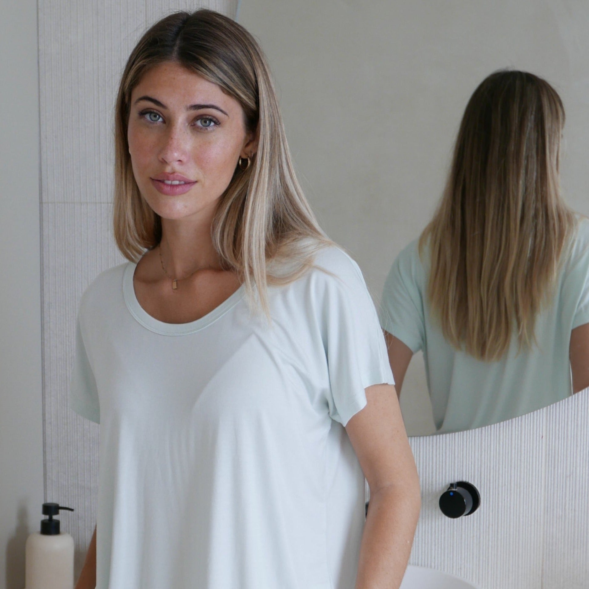 Soft and breathable bamboo pajama set with a relaxed fit and a staple crew neck design, offering lightweight comfort for lounging and restful sleep.