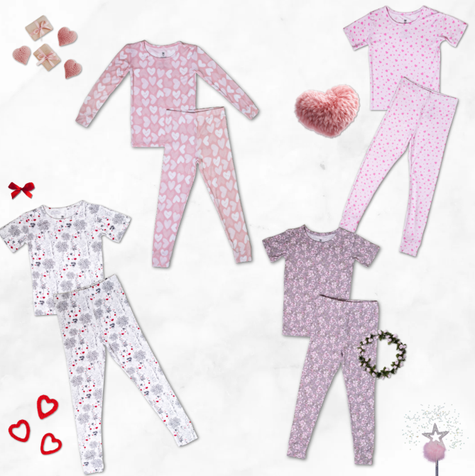 Earthly Threads Hearts &amp; Flowers Bamboo Pajama Bundle – Buy Four, Get 40% Off. Let your little Valentine mix and match her favorites from our; Dainty Hearts, Wispy Floral, Full of Hearts, and Victorian Rose; pajama sets, each filled with delicate, serene designs your little dreamer will love. Made from our irresistibly soft;100% organic bamboo, these pajamas feel cool, smooth, and gentle on delicate skin, helping keep little ones comfortable and protected all night long.