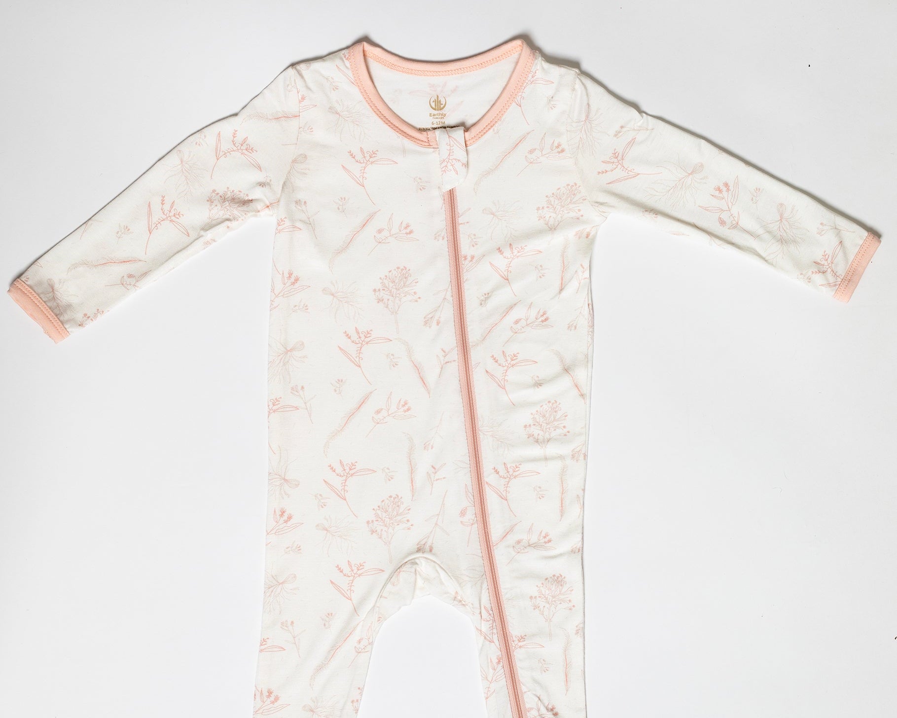 Floral-print long sleeve baby romper with a full-length zipper for easy dressing.