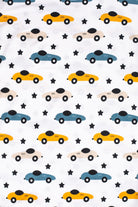 Eco-friendly bamboo pajama set with a fun race car and star pattern, designed for bedtime adventures.