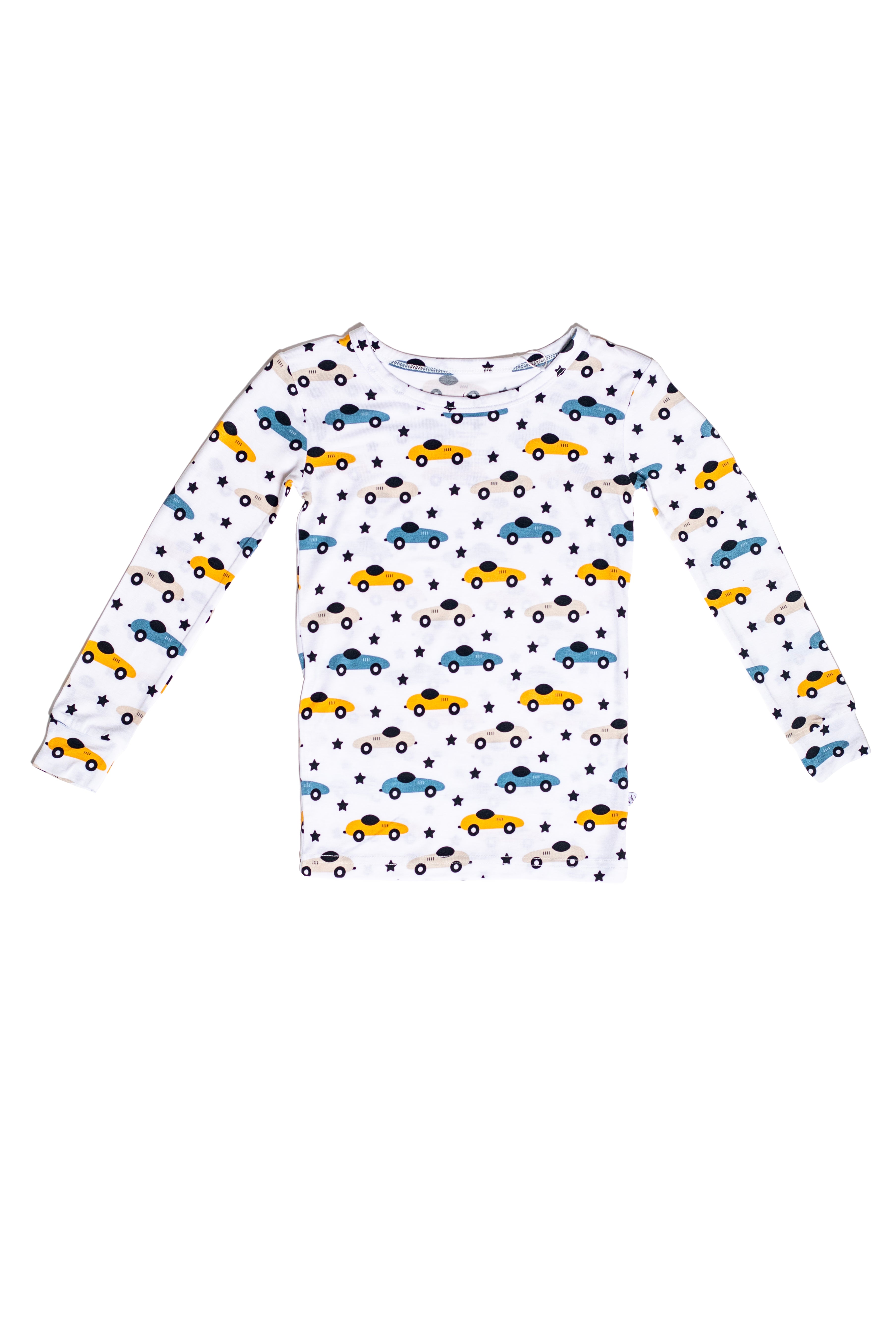 Moisture-wicking bamboo sleepwear featuring a colorful race car print and cozy long sleeves with pants.