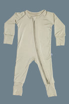 Stalk organic bamboo baby sleeper with a zip closure and fold-over cuffs, perfect for sensitive skin and temperature regulation.