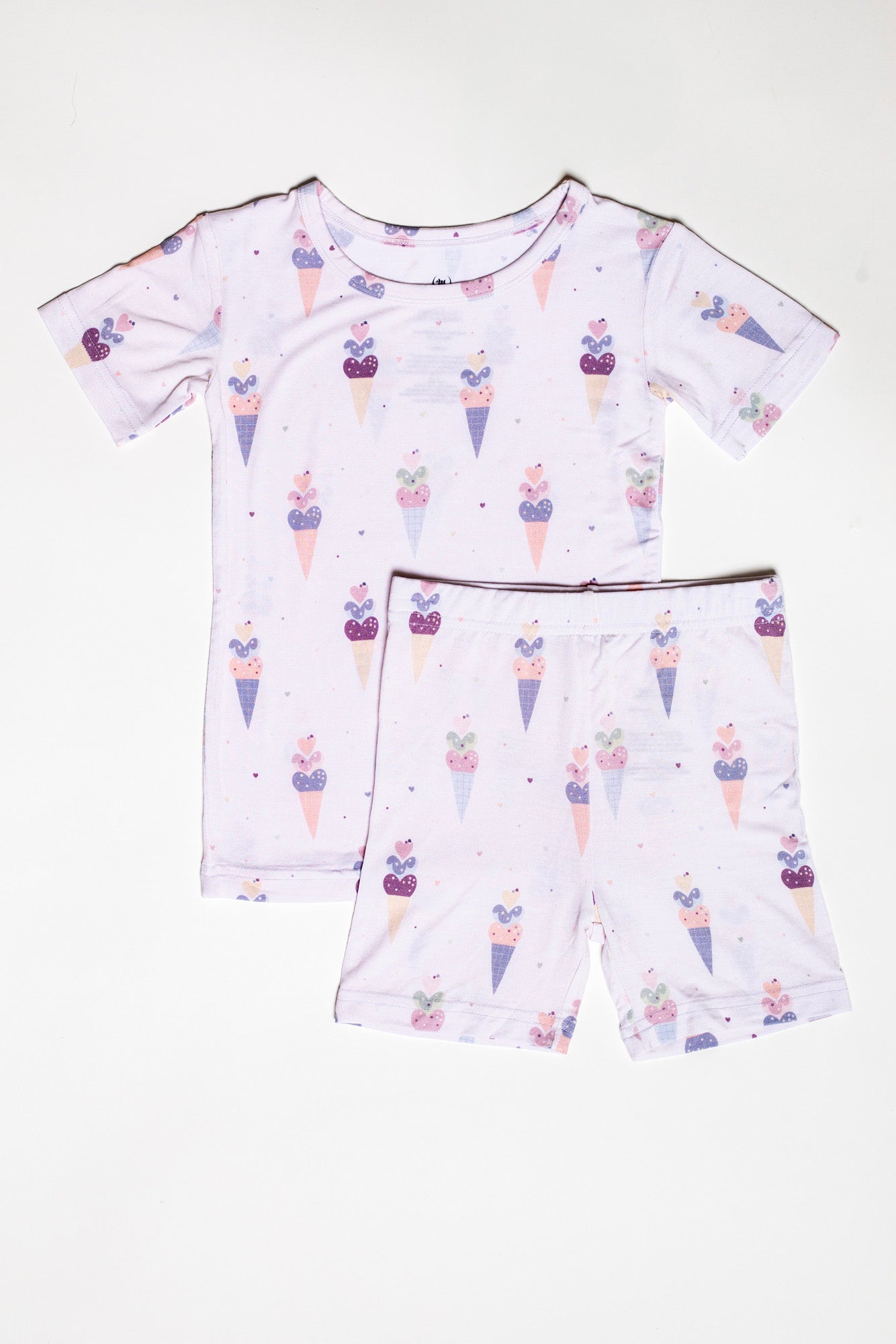 Earthly Threads bamboo Ice Cream Pajama Set featuring a heart-shaped ice cream print on a buttery soft short-sleeved top and matching shorts.