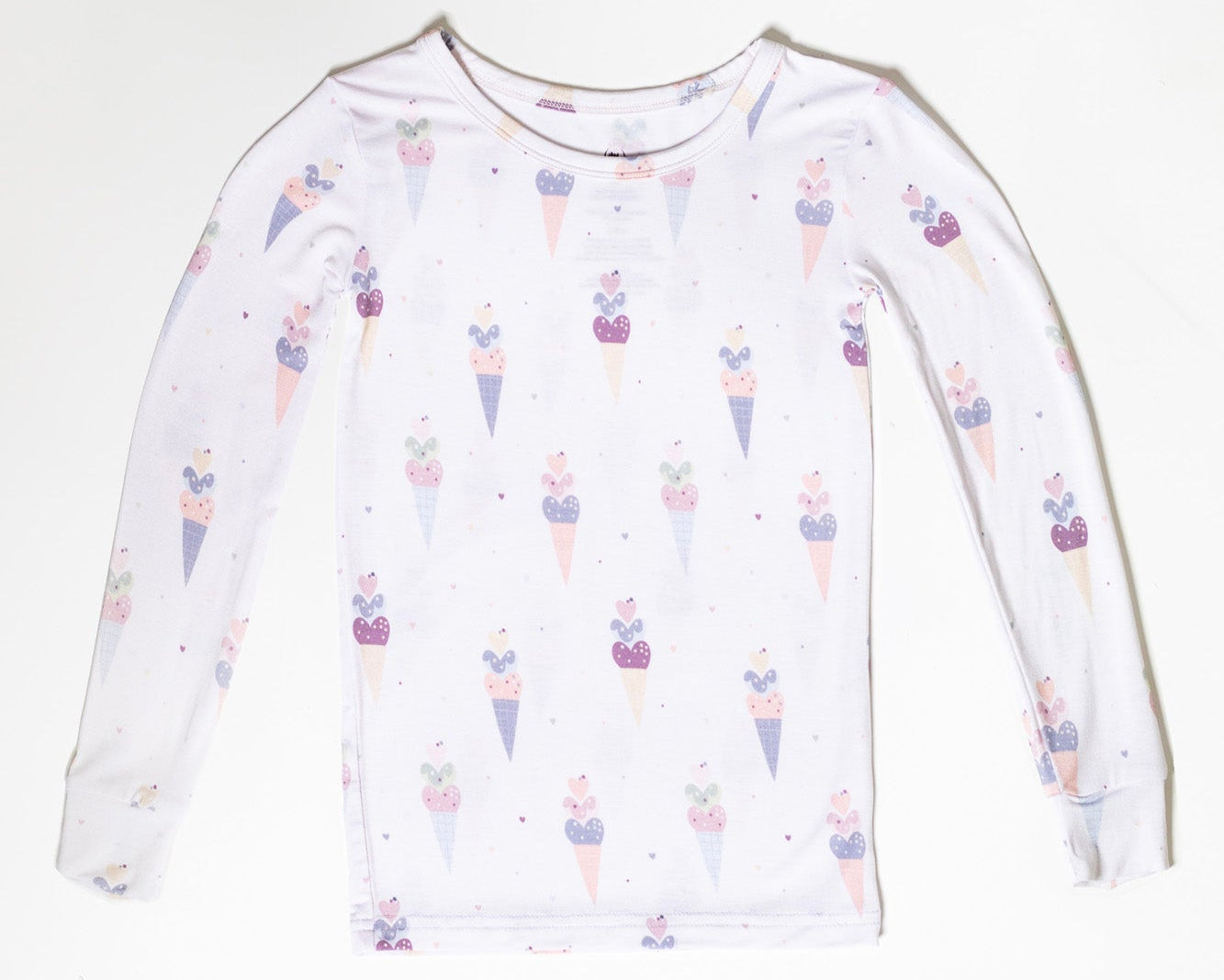 Long sleeve bamboo pajamas for kids featuring a cute ice cream cone print on a pastel background.