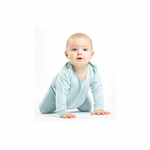 Blue snap baby romper made from antibacterial, eco-friendly, and amazingly soft bamboo fabric for lasting comfort.