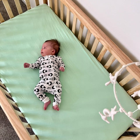 Earthly Threads crib sheets, made from sustainable bamboo provide gentle comfort while protecting against allergens and bacteria.