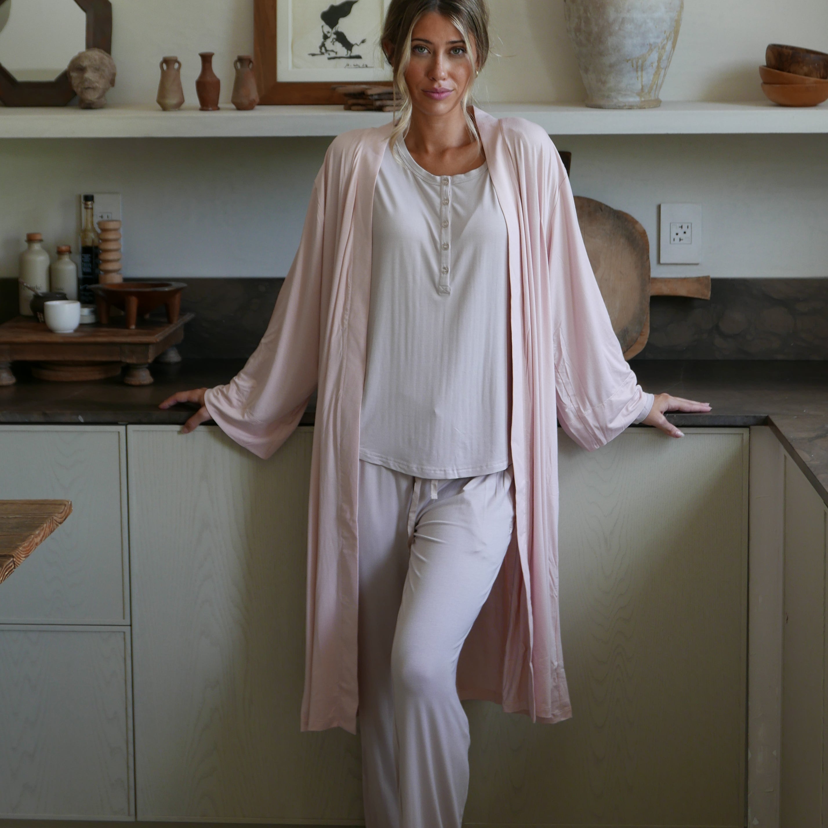 Earthly Threads incredibly soft bamboo Henley pajama set with breathable long sleeves.