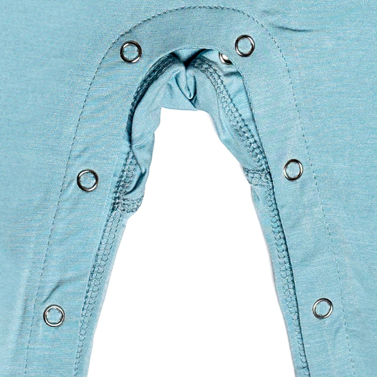 Blue bamboo long sleeve romper with snap closures for easy dressing and diaper changes.